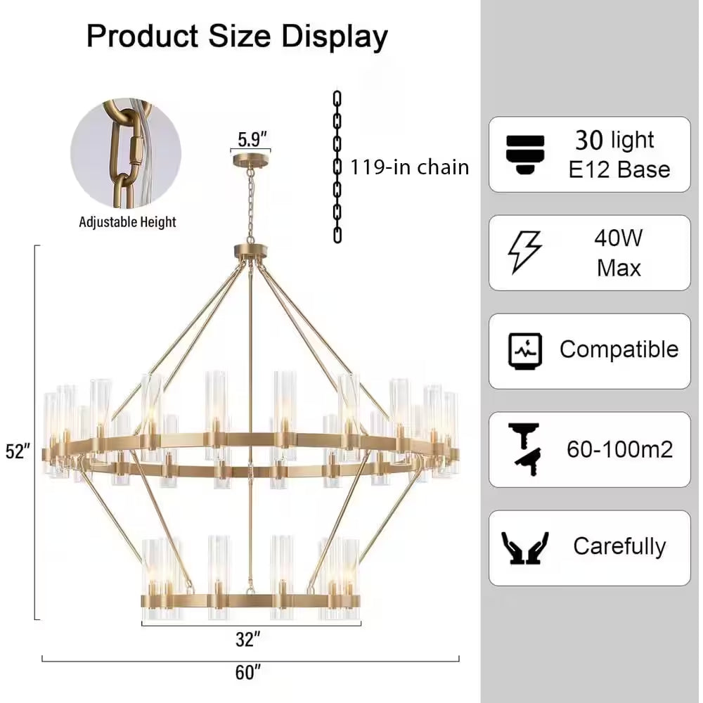 Modern Chandelier 60 In. 30-Light Gold Wagon Wheel Chandelier for Dinning Room, Foyer, Living Room, Staircase