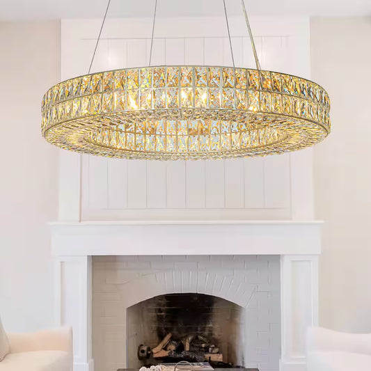 12-Light 31.5 In. W Modern and Contemporary Lighting Soft Gold Crystal Ring Chandelier for Dining Room