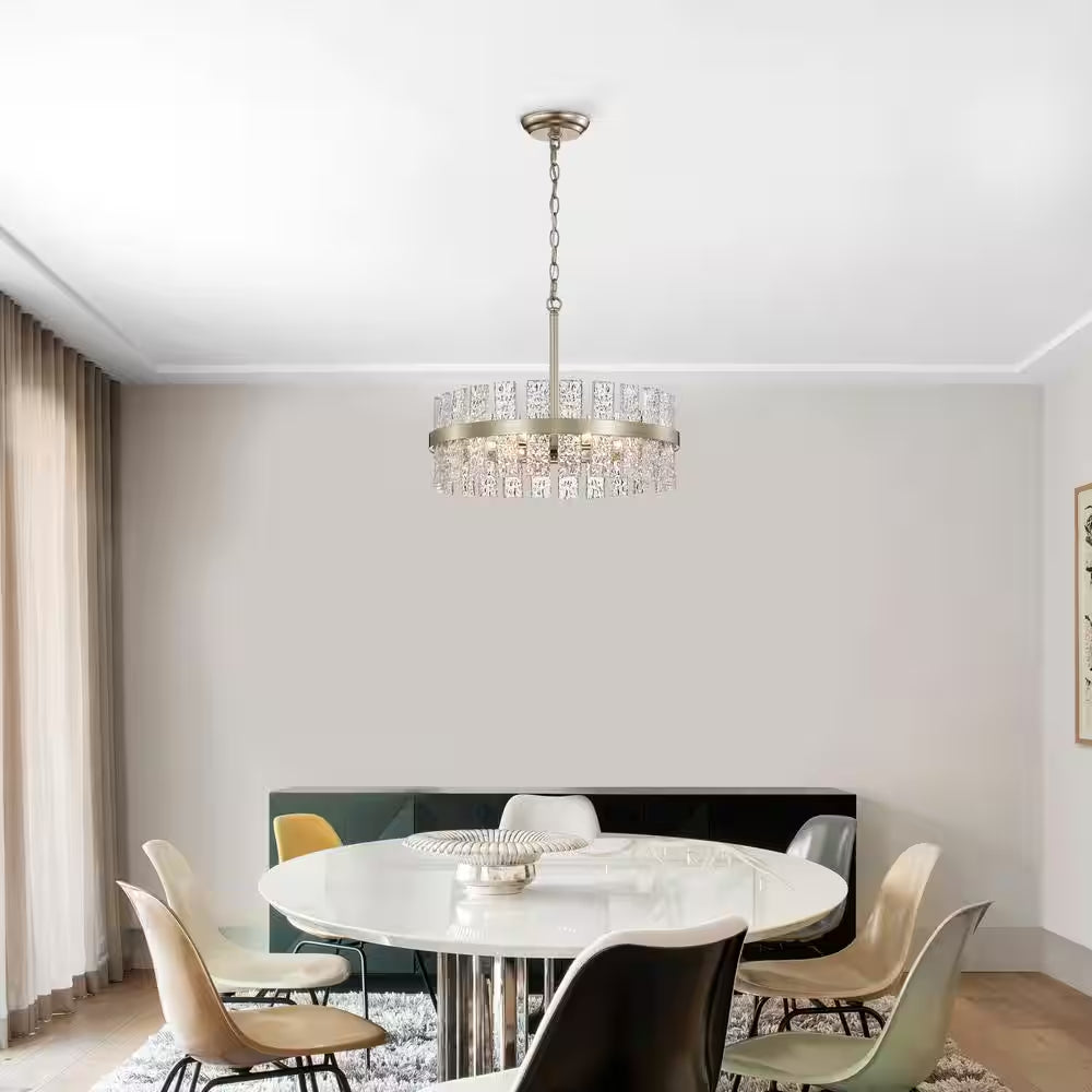 Eva 18.1 In. in Diameter 6-Light Brushed Champagne Silver Drum Glass Strip Chandelier