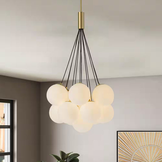 Galaxy Modern Globefoyer Chandelier 13-Light 19.7 In. W Antique Brass Cluster Bubble Chandelier with Opal Glass Shade
