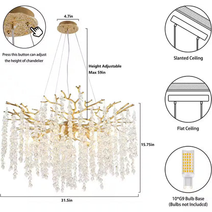 24" 8-Light Modern Crystal Chandelier, Gold Tree Branch round Chandelier for Dining Room, Living Room, Bedroom, Entryway
