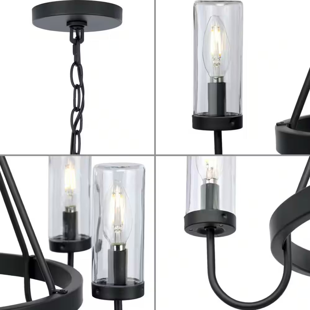 Swansea Collection 4-Light 24 In. Matte Black round Transitional Outdoor Chandelier with Clear Glass Shades