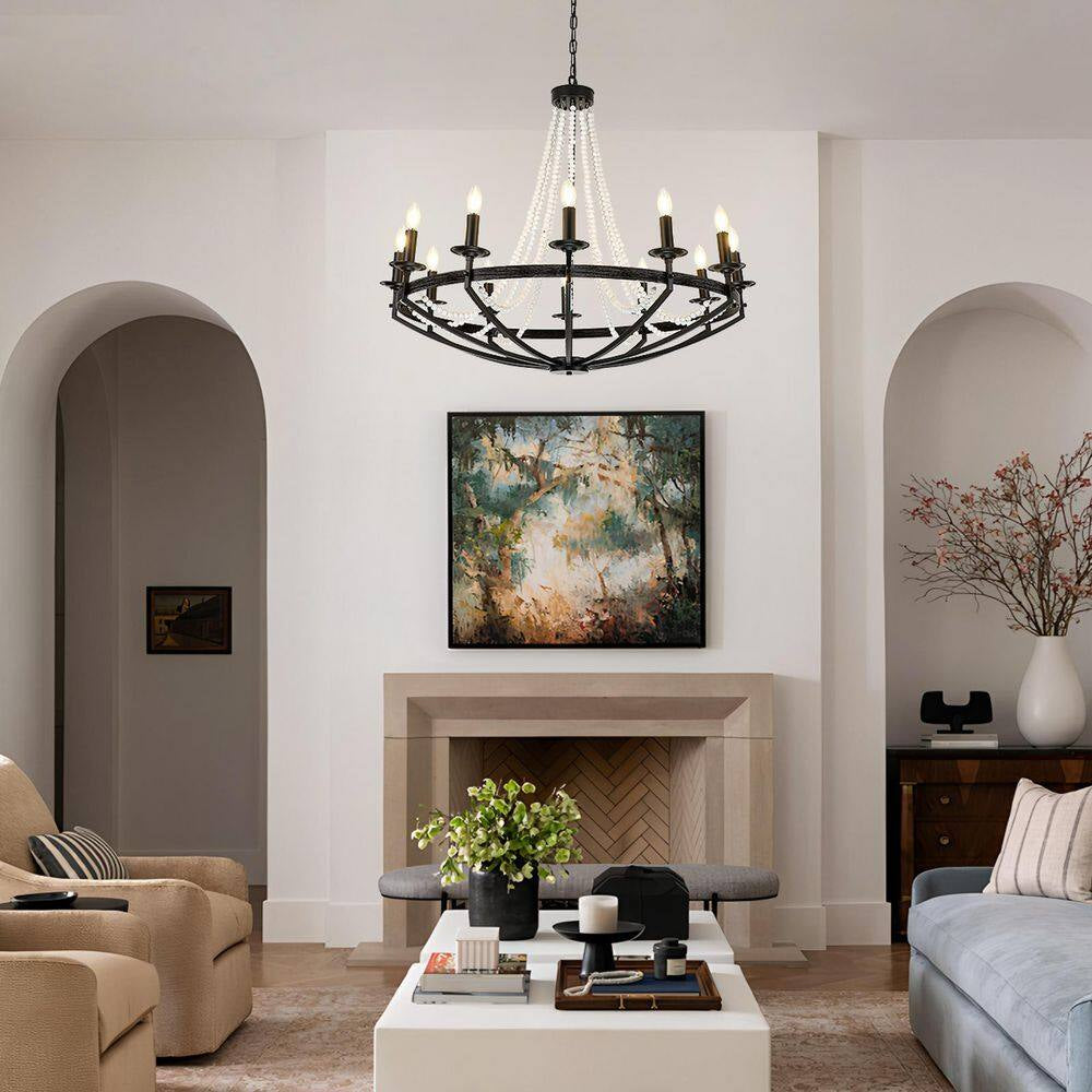 12-Light Rustic Candle Style Modern Industrial Chandelier Ambient Lighting for Dining Room Living Room Foyer