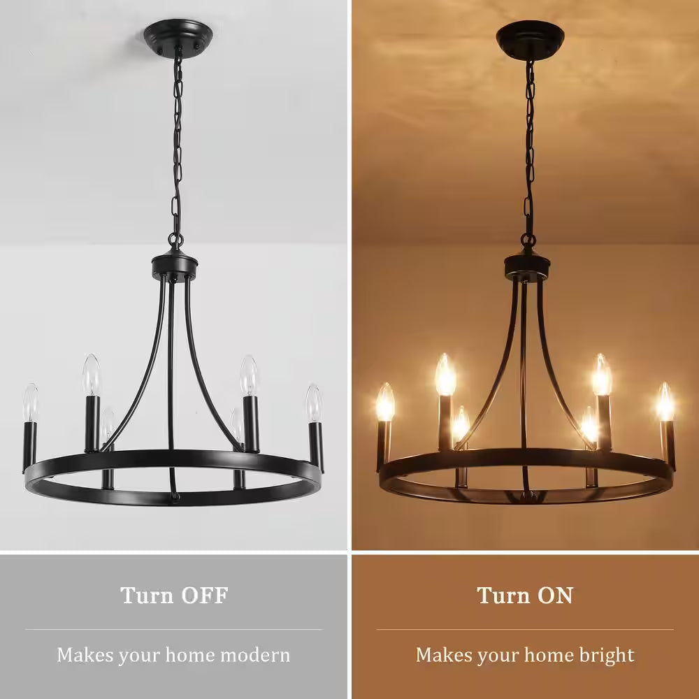 6-Light Black Farmhouse Wagon Wheel Chandelier Rustic Dining Room Pendant Light