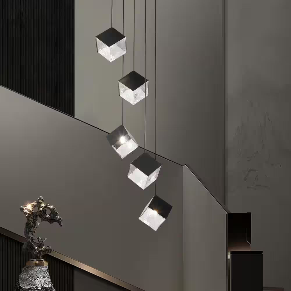 Noiredge Ice Cube 5-Light Black Pendant Cluster, Stairway Staircase Multi-Chandelier