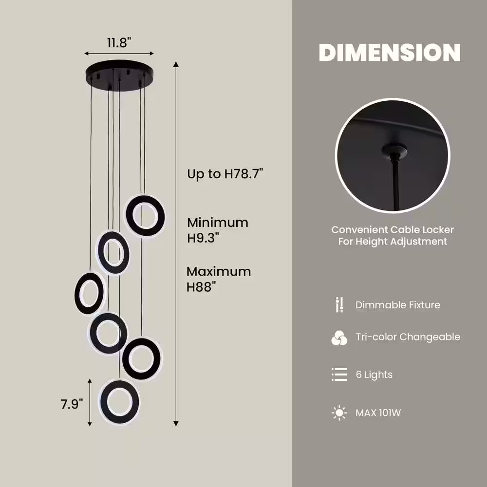 Modern 6-Light Dimmable Integrated LED Black Chandelier High Ceiling Ring Chandelier for Staircase Foyer Dining Room