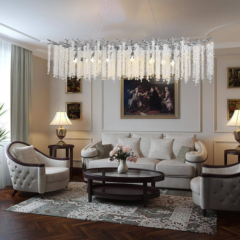 14-Light Silver Chandelier, Luxury Flush Mount Chandelier with K9 Crystal, for Dining Room, Living Room, Kitchen