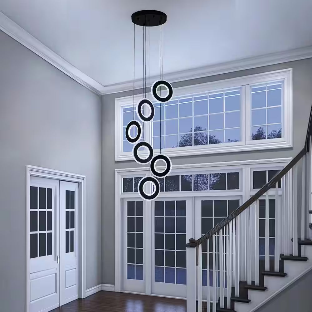 Modern 6-Light Dimmable Integrated LED Black Chandelier High Ceiling Ring Chandelier for Staircase Foyer Dining Room