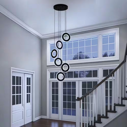 Modern 6-Light Dimmable Integrated LED Black Chandelier High Ceiling Ring Chandelier for Staircase Foyer Dining Room