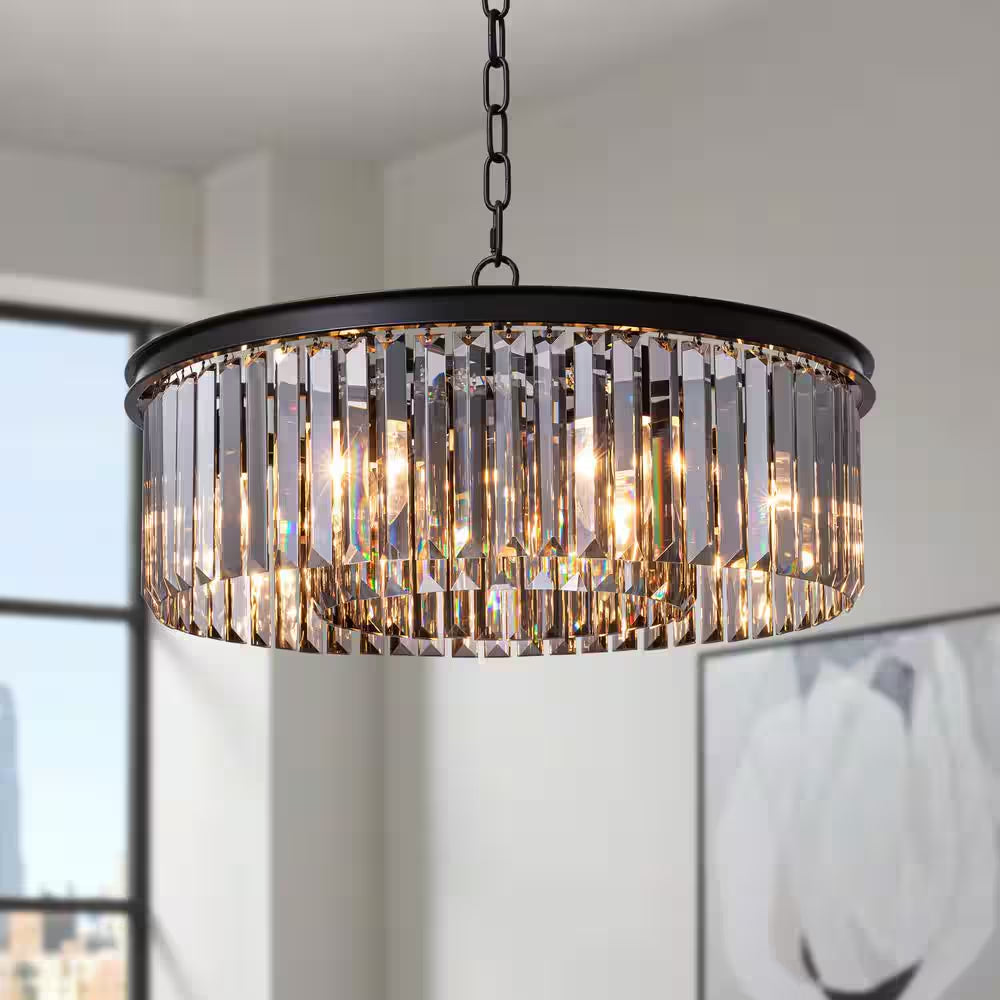 22 In. 6-Light Black Farmhouse Pendant Light Fixtures Crystal Drum Chandelier Dining Room Pendant Lighting