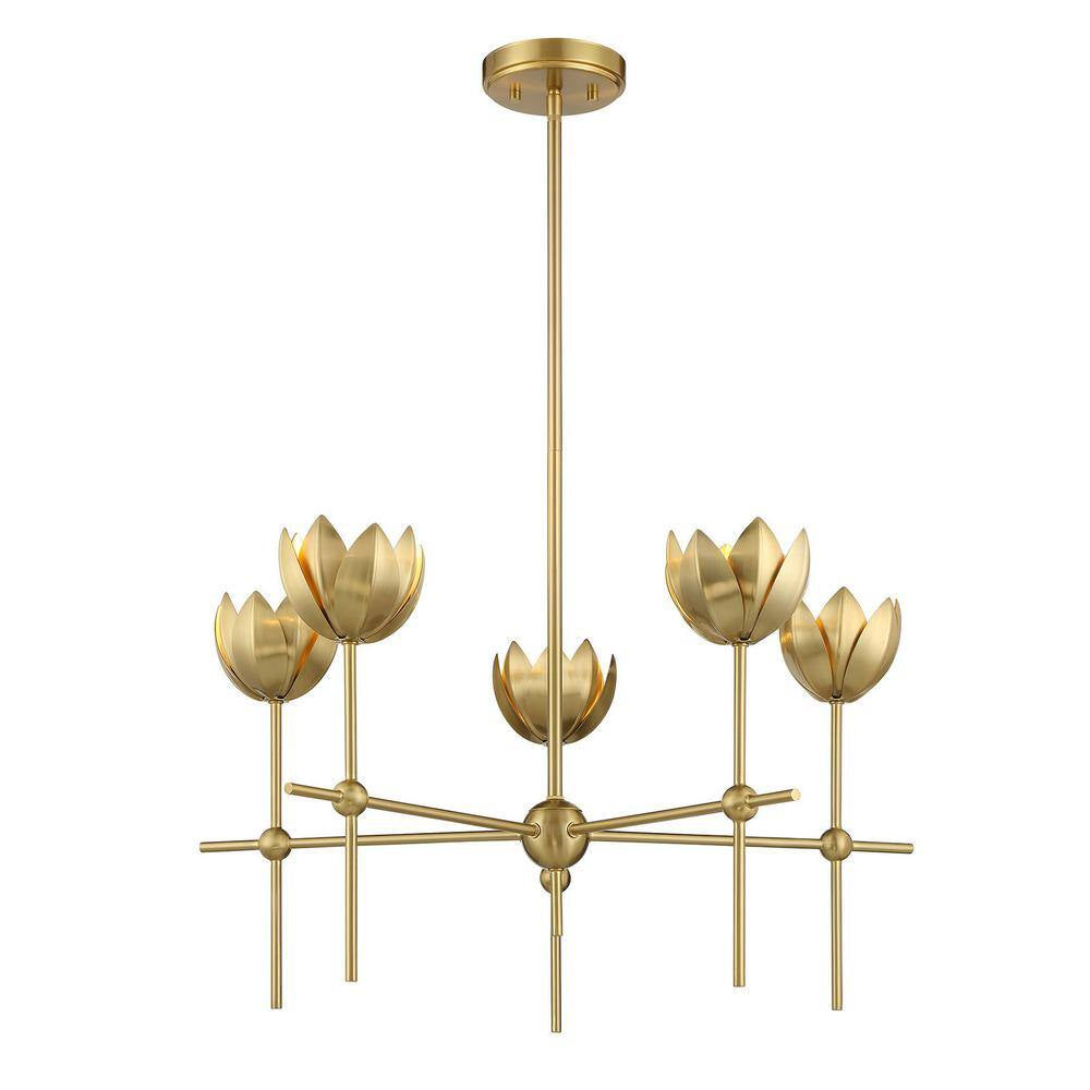 Meridian 26 In. W X 14 In. H 5-Light Natural Brass Bohemian Chandelier with Metal Shades