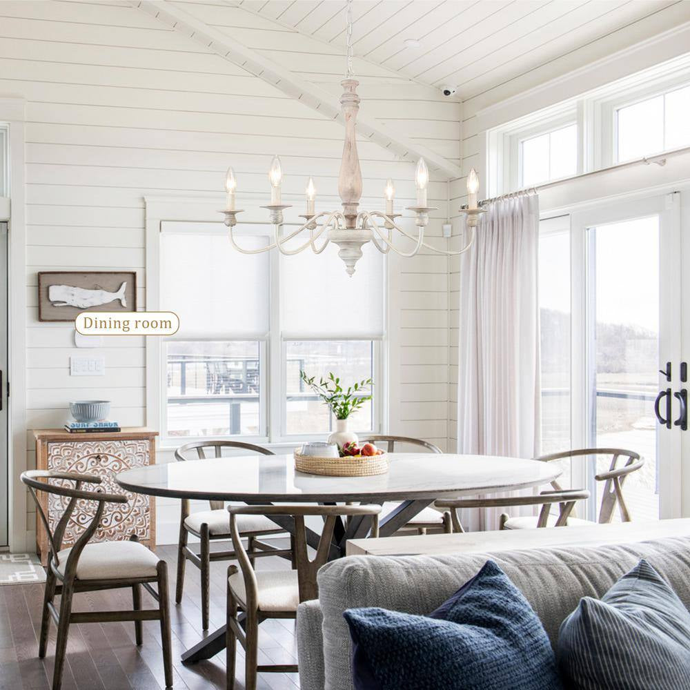6-Light Vintage Beige Farmhouse Wood Candle Chandelier French Country Style Pendant Light