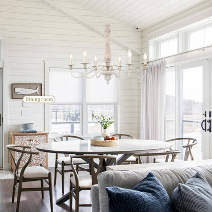 6-Light Vintage Beige Farmhouse Wood Candle Chandelier French Country Style Pendant Light