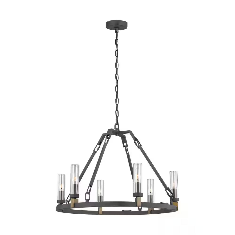 Landen Medium 6-Light Antique Forged Iron Transitional Candlestick Wagon Wheel Outdoor Hanging Chandelier