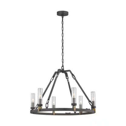 Landen Medium 6-Light Antique Forged Iron Transitional Candlestick Wagon Wheel Outdoor Hanging Chandelier