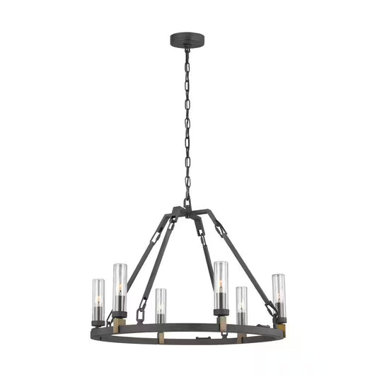Landen Medium 6-Light Antique Forged Iron Transitional Candlestick Wagon Wheel Outdoor Hanging Chandelier