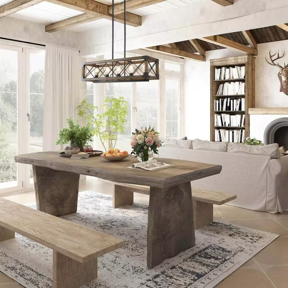 Wood Kitchen Chandelier 5-Light Linear Farmhouse Black Island Dining Room Chandelier Pendant with Rustic Rectangle Frame