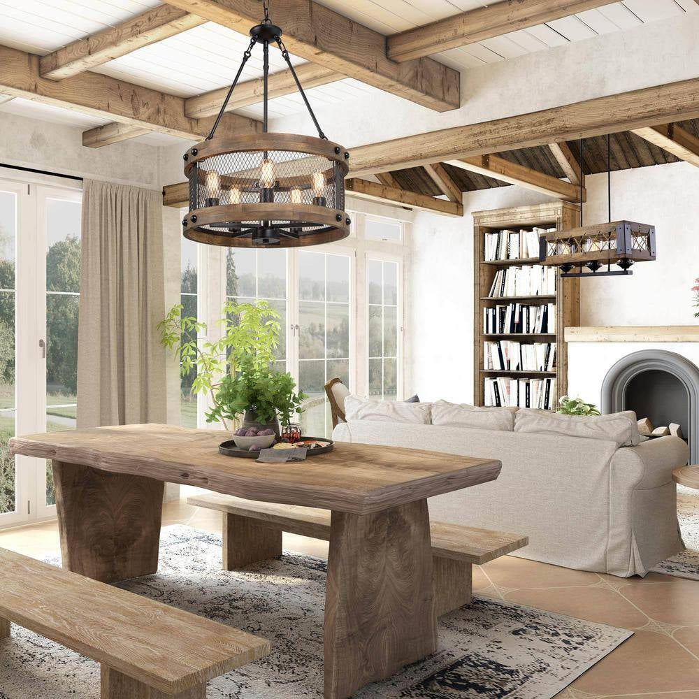 Wood Drum Chandelier 5-Light Brown Candle Black Rustic Farmhouse Chandelier Pendant Dining Room Industrial Chandelier