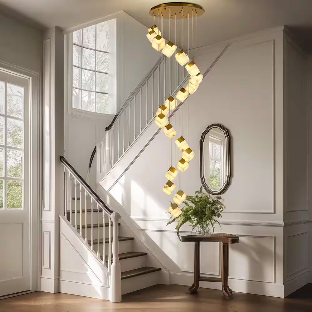138 In. 20 Light Gold Dimmable Alabaster Cluster Chandelier Haning Pendant for Staircase with Alabaster Shade