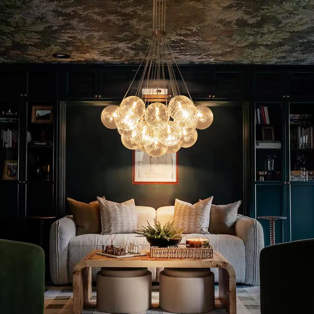 Bolton 19-Light Brass Modern Bubble Cluster, Sputnik Globe Bubble Chandelier with Swirled Glass Shades for Living Room