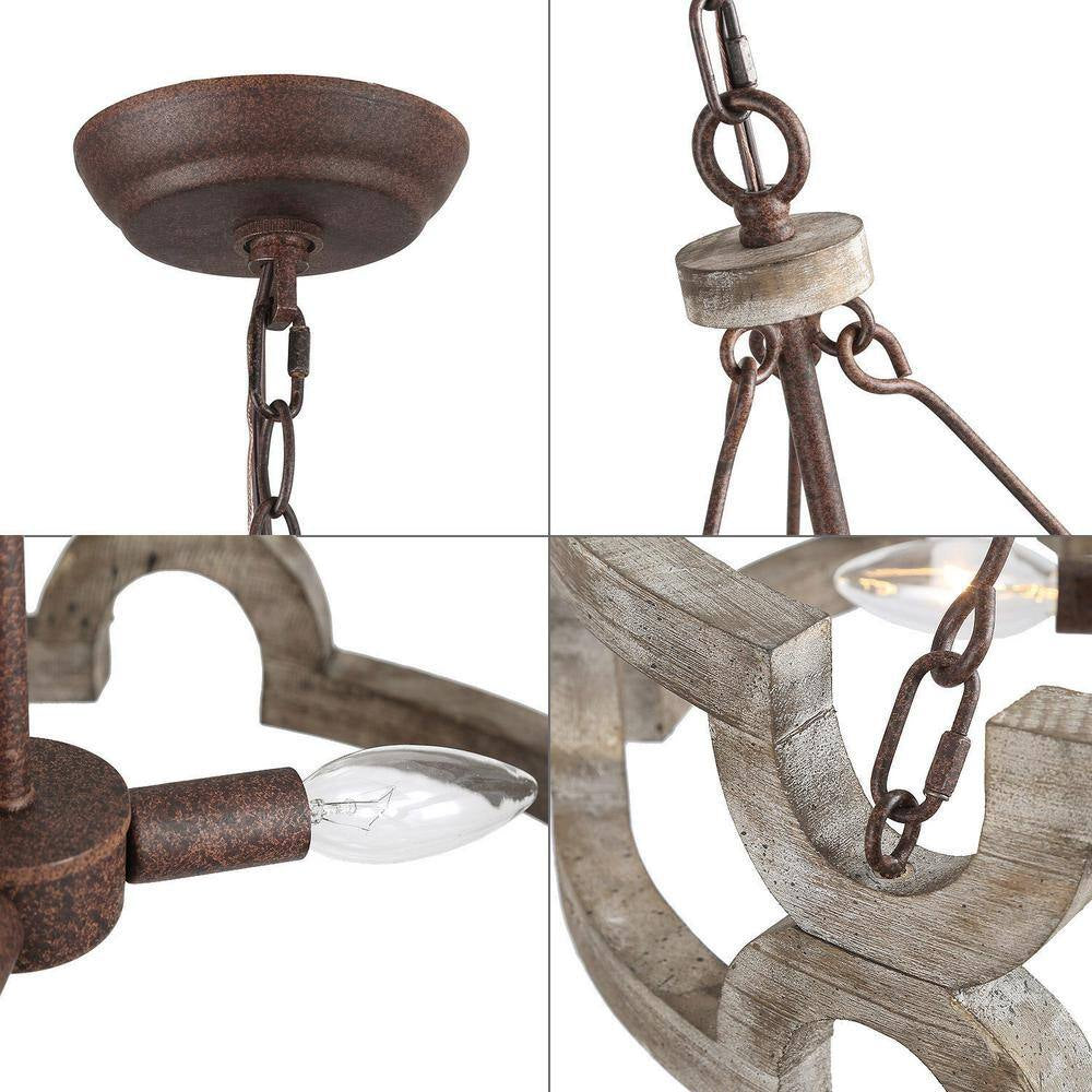 Modern Farmhouse Solid Wood Drum Island Chandelier 3-Light Rustic Brown Pendant Light for Dining Room Kitchen Entryway