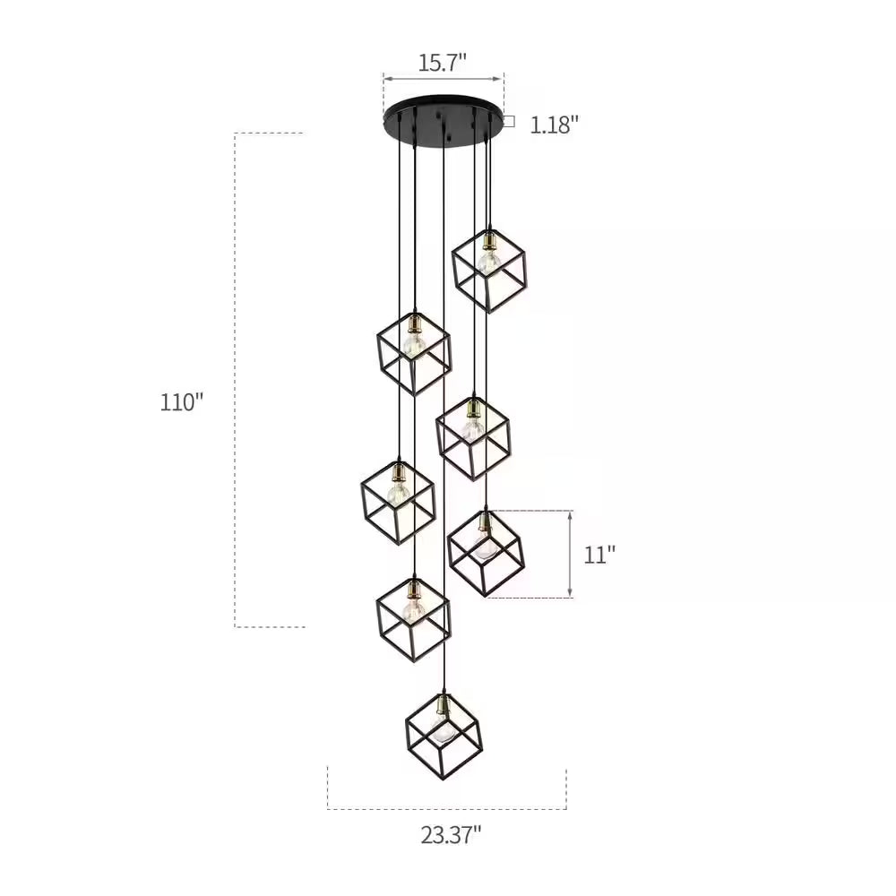 Rekha 7 Light Stairway Chandelier Black Geometric Cluster Pendant, Adjustable Cube Height, Staircase Minimalist Lamp