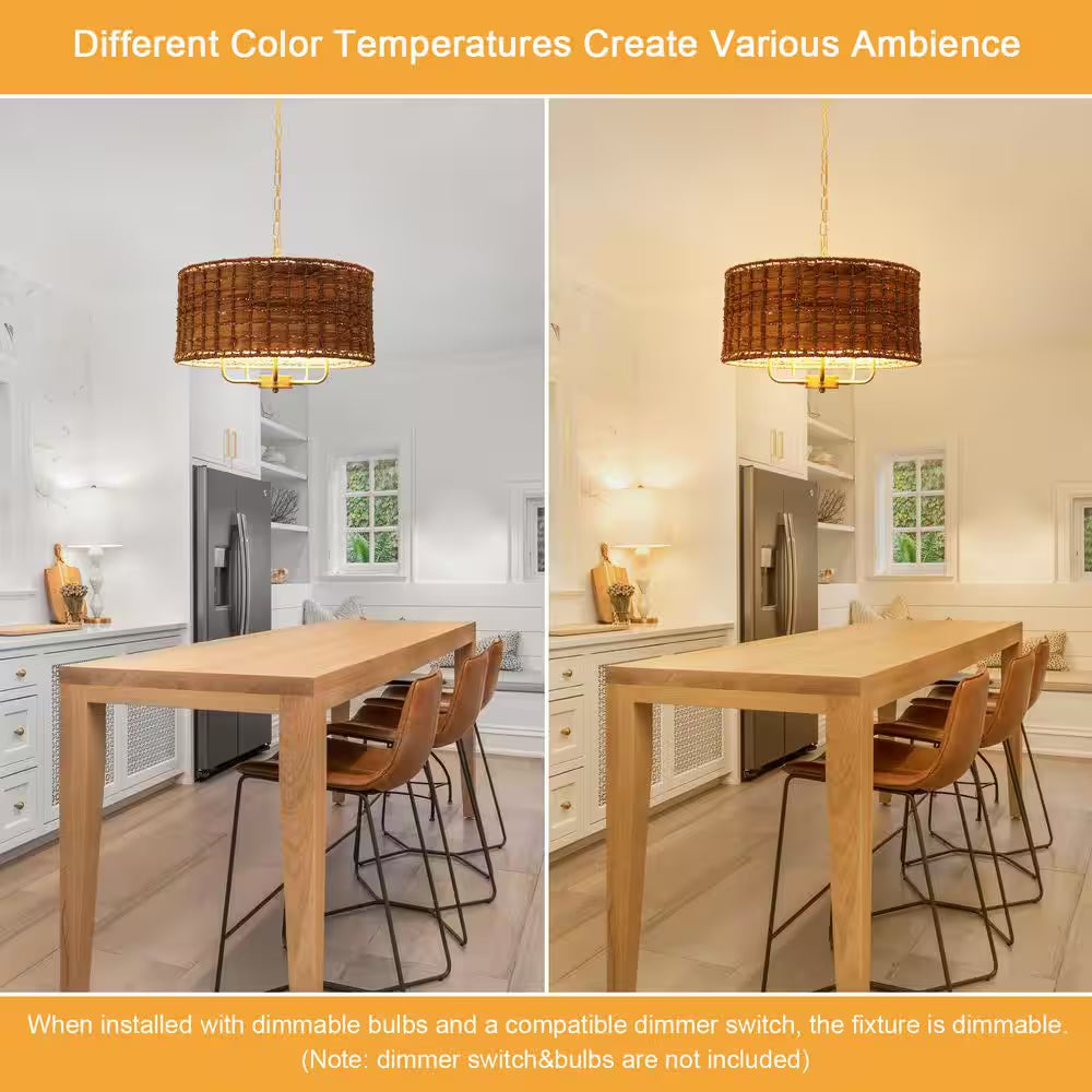 5-Light Gold Drum Bohemian Chandelier with Hand Woven Shade