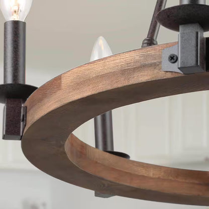 Farmhouse Wagon Wheel Chandelier, 6-Light Distressed Wood Circle Island Light, Rustic Bronze Dining Room Pendant Light