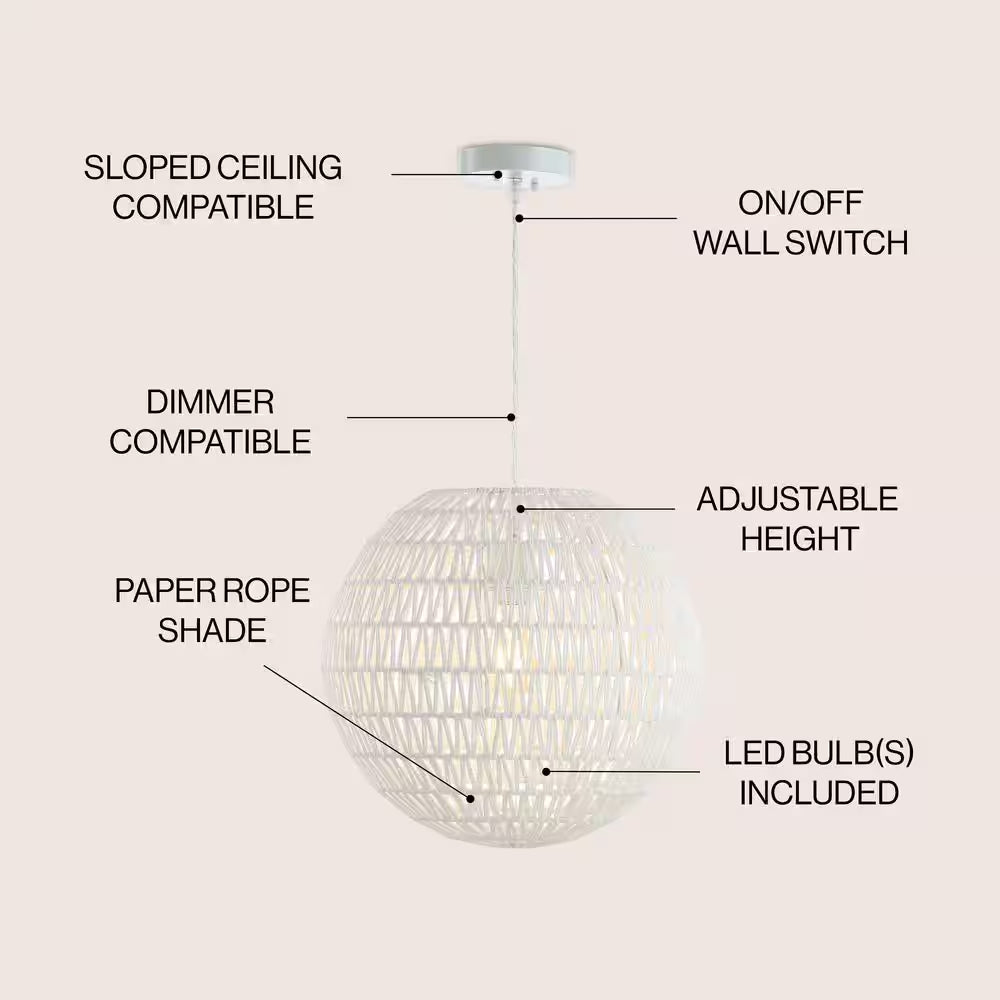 Luna 15.7 In. Woven Rattan Orb LED Pendant, White