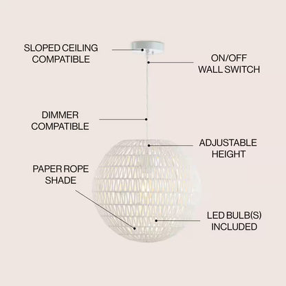 Luna 15.7 In. Woven Rattan Orb LED Pendant, White
