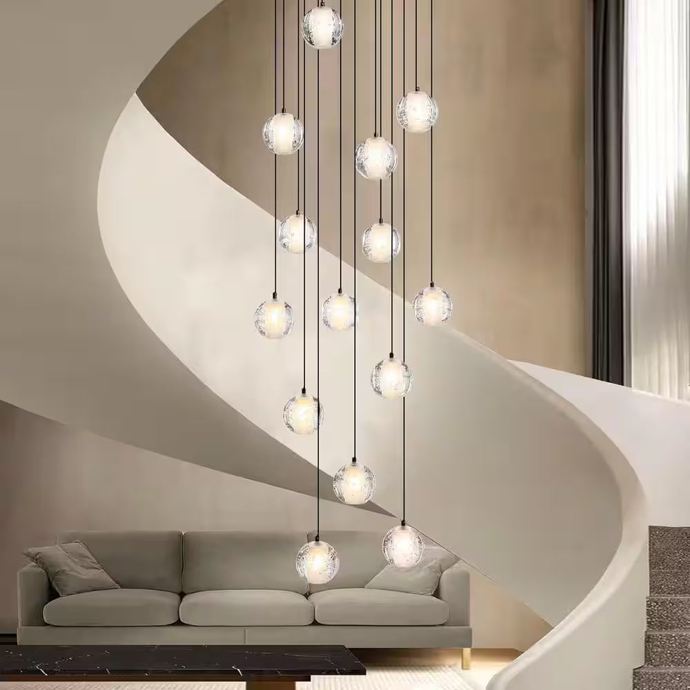 120 In. H 14-Light Black Staircase Chandelier Modern Pendant Light W/Glass Shade for High Ceiling Living Room Entryfoyer