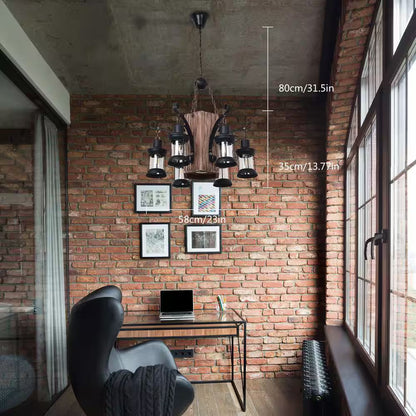 23 In. 6-Light Black Retro Rustic Wooden Chandelier for Dining Room, No Bulbs Included