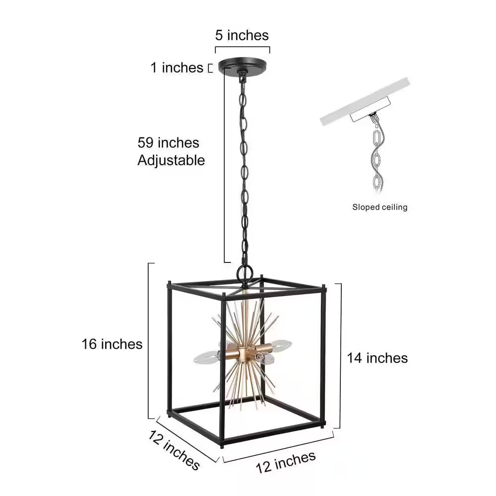 Transitional Kitchen Island Pendant Light 4-Light Black and Brass Cage Pendant Light