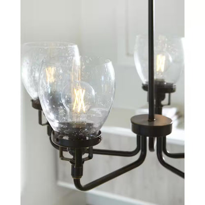 Belton 5-Light Bronze Transitional Industrial Hanging Chandelier with Clear Seeded Glass Shades