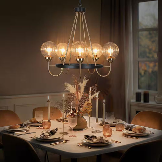 5-Light Brass Chandelier Lighting, Sputnik Pendant Lights for Kitchen Island, Modern Black Chandelier with round Glasses