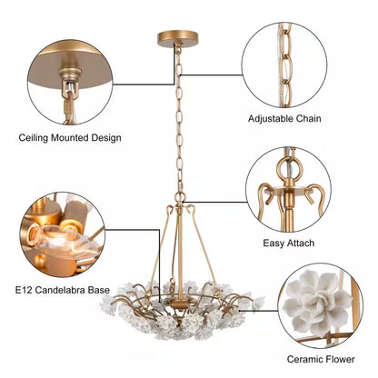 Modern Brass Gold Island Chandelier Light 3-Light round Chandelier Light with Ceramic Flowers
