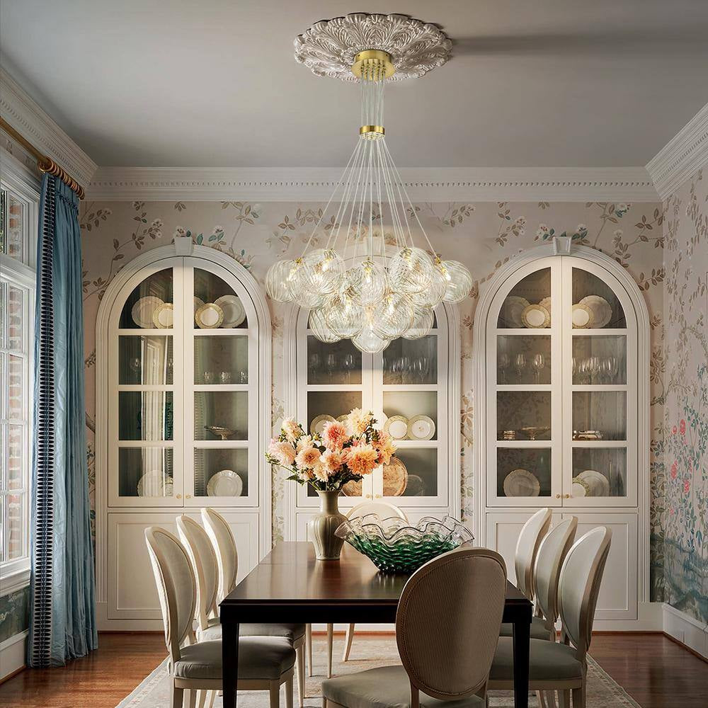Bolton 19-Light Brass Modern Bubble Cluster, Sputnik Globe Bubble Chandelier with Swirled Glass Shades for Living Room