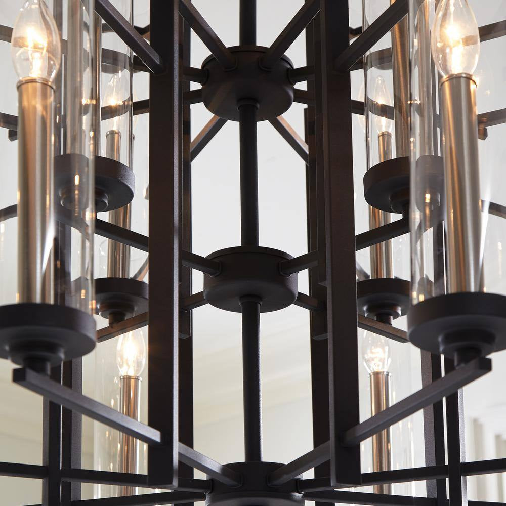 Ethan 12-Light Antique Forged Iron/Brushed Steel Contemporary Industrial Multi-Tier Hanging Candlestick Chandelier