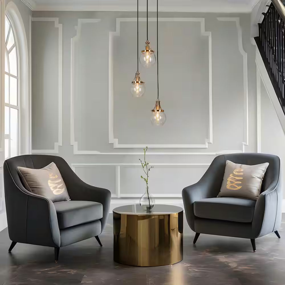 Transitional 3-Light Black and Plated Brass Cluster Chandelier with Clear Globe Glass Shade Foyer Hanging Pendant