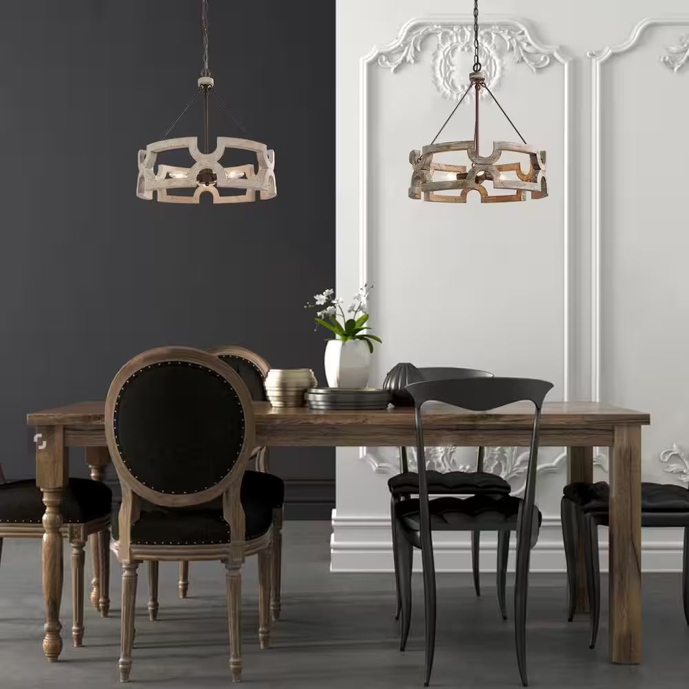 Modern Farmhouse Solid Wood Drum Island Chandelier 3-Light Rustic Brown Pendant Light for Dining Room Kitchen Entryway
