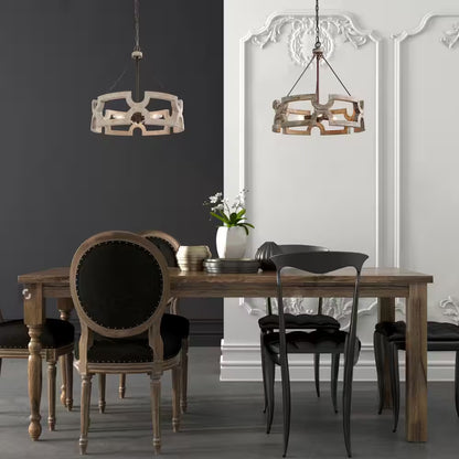 Modern Farmhouse Solid Wood Drum Island Chandelier 3-Light Rustic Brown Pendant Light for Dining Room Kitchen Entryway