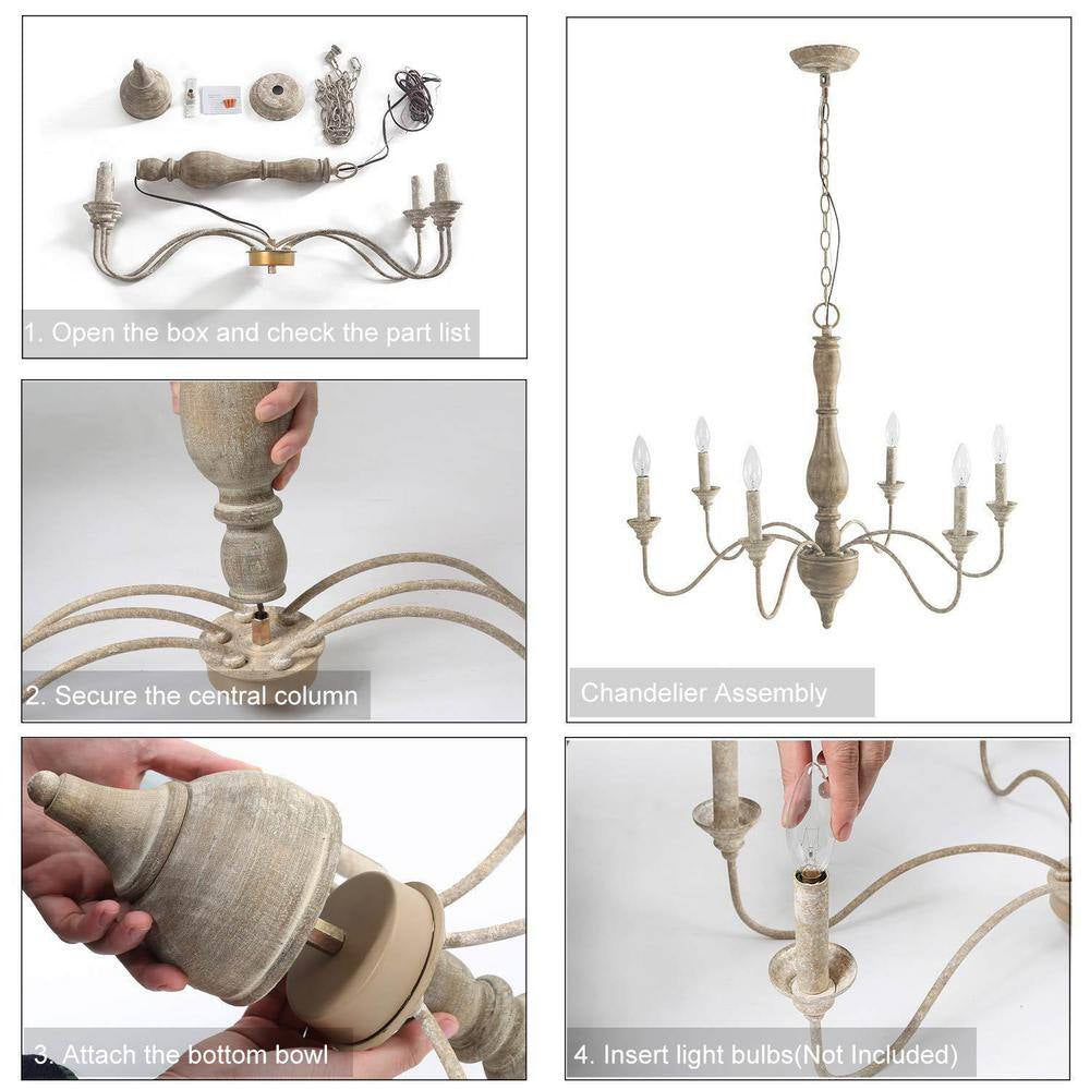 6-Light Rustic Farmhouse Wood Chandelier 29.5 In. W with Antique White French Country Accents and Classic Candle Style