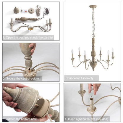 6-Light Rustic Farmhouse Wood Chandelier 29.5 In. W with Antique White French Country Accents and Classic Candle Style