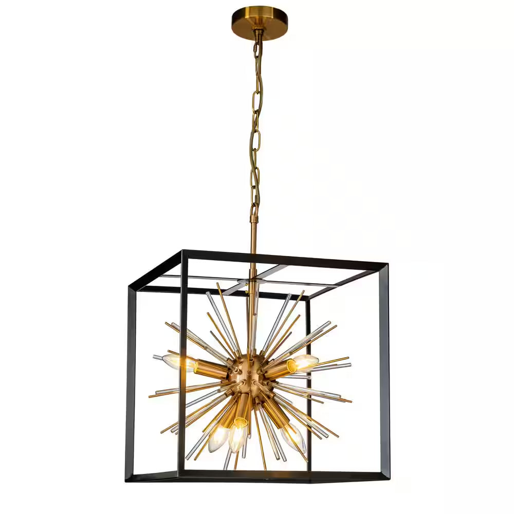 6-Light Modern Gold Satellite Sputnik Sphere Chandeliers Pendant Lighting with Square Black Cage