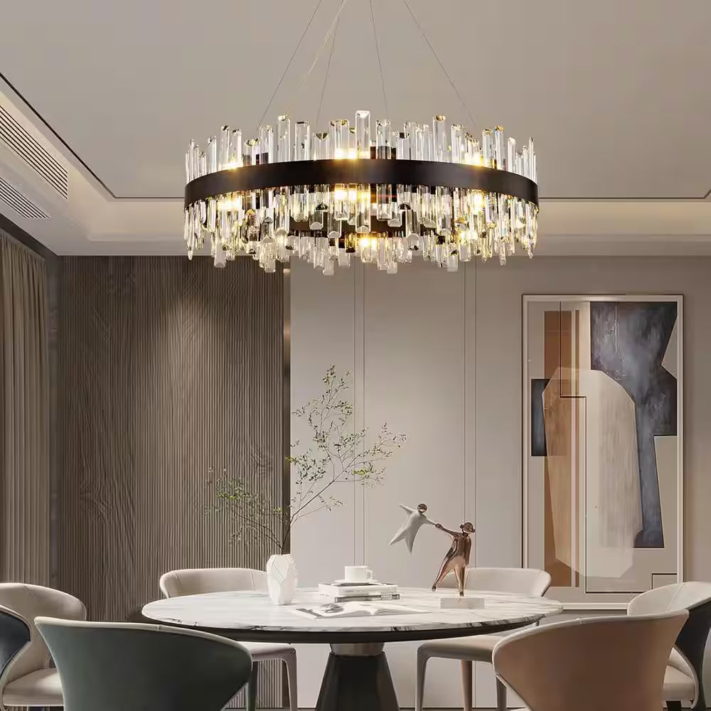 31.5 In. 16-Light Black Crystal Chandelier, Modern round K9 Crystal Hanging Pendant Ceiling Light Fixture