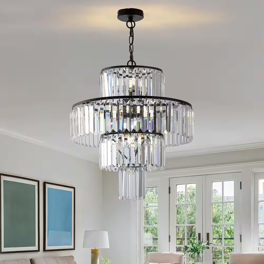 12-Light Black Crystal Chandelier Design round Chandelier for Dining Room Bedroom Living with No Bulbs Included