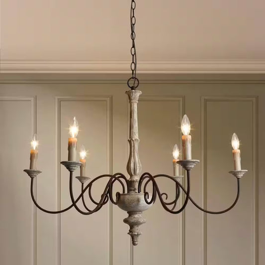37 In. W Wood Candlestick Chandelier 6-Light Distressed White Farmhouse Chandelier Living Room with French Country Flair