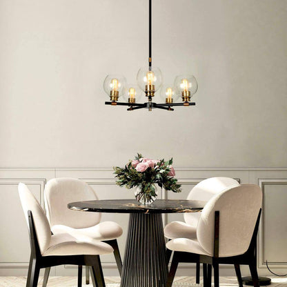 Transitional Sputnik Dining Room Chandelier 5-Light Modern Black and Gold Candle Chandelier with Seeded Glass Shades