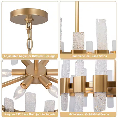 Mid-Century Modern Gold Kitchen Island Chandelier, 6-Light Glam Dining Room Ceiling Light with Icing Glass Strips