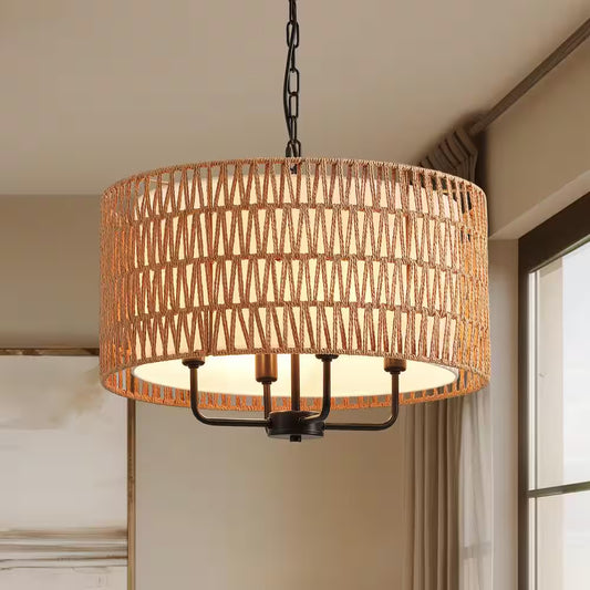 19.7 In. 4-Light Rattan Yellow Bohemin Chandelier for Foyer Dining Room